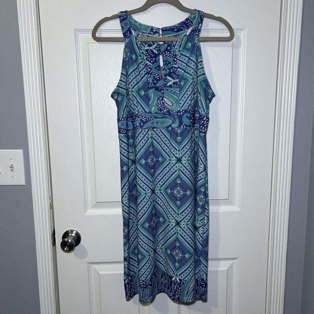 Ava Lynn Dress Women's Large Blue Paisley High Neck Sleeveless Boho Knee Length